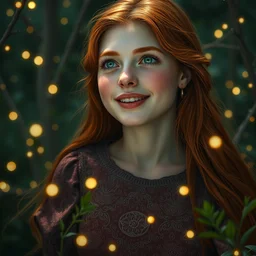 young woman, smiling amazed, surrounded by firefly lights, full covering intricate detailed dress, amidst nature, long red hair, precise linework, accurate green eyes, small nose with freckles, smooth oval shape face, empathic, expressive emotions, dramatic lights, hyper realistic ultrafine art by artemisia gentileschi, jessica rossier, boris vallejo