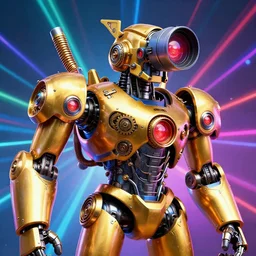 portrait photo of a giant huge golden and blue metal humanoid steampunk robot witha huge camera on the head, with gears and tubes, eyes are glowing red lightbulbs, shiny crisp finish, 3 d render, 8 k, insaneley detailed, fluorescent colors, background is multicolored lasershow