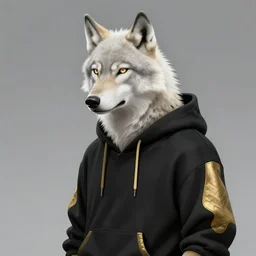 anthropomorphic albino wolf wearing a casual black and gold hoodie, highly detailed, artgerm style, artstation, soft light, sharp focus, illustration, character design, concept art