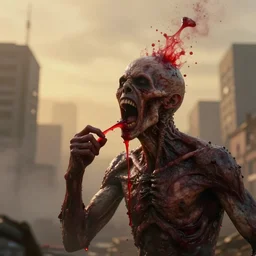 an infectious horrific organism eats people alive in a city as the scream in agony, red fluid spews out of their head, hdr, 8 k, volumetric lighting, mist, golden hour background, depth of field,, hyperrealistic, by alex ross hr giger moebius zdzislaw beksinski, octane render, warm soft lighting, photorealistic
