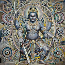 A cinematic full-length portrait of the colossal Hindu demon, byMark Salwowski, by Paul Lehr, by Bruce Pennington, oil on canvas, masterpiece, trending on artstation, featured on pixiv, cinematic composition, dramatic pose, beautiful lighting, sharp, details, details, hyper-detailed, no frames, 8K