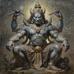 A cinematic full-length portrait of the colossal Hindu demon, byMark Salwowski, by Paul Lehr, by Bruce Pennington, oil on canvas, masterpiece, trending on artstation, featured on pixiv, cinematic composition, dramatic pose, beautiful lighting, sharp, details, details, hyper-detailed, no frames, 8K