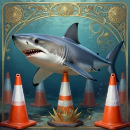 great white shark, orange and white striped traffic cones as fins, underwater background detailed atmospheric - ron cheng & alphonse mucha, highly detailed, digital painting, ray tracing, concept art, illustration, smooth sharp focus, intricate, symmetry, artstation,