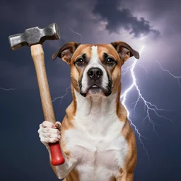 a canine thor holding his hammer, dramatic lightning background