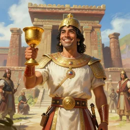 smiling spanish conquer soldier holding golden cup on a inca temple, highly detailed, digital painting, artstation, concept art, sharp focus, dreamy illustration, art by katsuhiro otomo, magali villeneuve, artgerm, rutkowski jeremy lipkin and giuseppe dangelico pino and michael garmash and rob rey