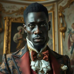 close up, halfling black skin man, extravagant clothes, alone in his mansion, head and torso portrait by karol bak and johan grenier