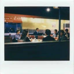 a polaroid photo of people at a diner, Edward Hopper composition, detailed, hq, lens flare, realistic