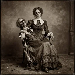 rotting corpse, zombie woman dressed in victorian style clothes sitting in old chair, portrait, wet plate photography, amazing background, sepia, photorealistic