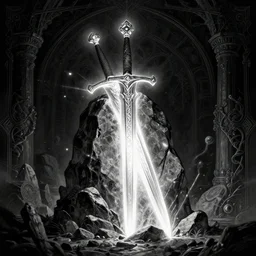 a mythical magical sword halfway embedded in a stone radiant light, detailed and intricate environment, digital art, trending on art station kvlt by peder balke by peder balke by guido crepax by norman bluhm mystic high contrast monochromatic noir