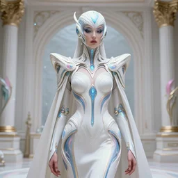 detailed portrait glam cyber noun, attractive feminine curves, intricated, scifi, futuristic, elegant cape, year 2 1 0 0, elegant, alien room background, white, blue, pink, gold, photorealism, trending on artstation, holy machine, advanced technology, art by moebius and vitaly bulgarov and chanthara