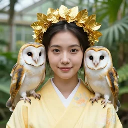 portrait photograph of an extremely beautiful!!!! young female, symmetric face!, shallow focus!!. symmetric round detailed eyes!!, slight smile, natural light, wearing a yellow kimono!! with a very detailed barn owl! on her shoulder in a tropical greenhouse. shallow focus. looking at the camera!!. golden crown made of golden leaves. super resolution. extremely detailed sharp face. graflex camera!, bokeh!!!!! trending on artstation.