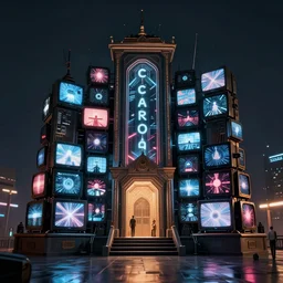 an cyberpunk temple made of tv screens, glowing displays, octane render, unreal engine, 8 k, cinematic, artwork by ilya kuvshinov