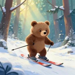 a cute humanoid fluffy fur bear cub standing on ski skiing down the hill through a snowy forrest in, light rays are shining through the trees above, magical environment, beautiful light. trending on artstation 4 k award in winning artwork. vivid colors. detailed painting. kids book illustration.
