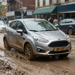 street photography by saul leiter, in a muddy new york high quality street, award winning photo of an ultra detailed dirty high quality ford car speeding very fast on mud, fast shutter speed, motion blur, tiny gaussian blur, highly detailed, highly intricate, depth of field, trending on top gear