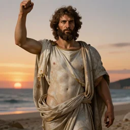 drake as a god by botticelli, digital art, classical painting, sharp focus, sunset beach, 4 k, restored