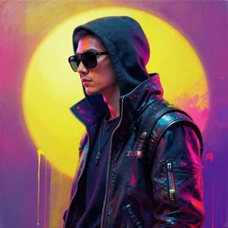 a beautiful cyberpunk hacker wearing sunglasses, side portrait, passionate, spotlight, paint drips, paint splatter, vibrant colors, canvas texture, futuristic clothing, by marco paludet and gianni strino and marion bolognesi