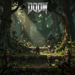 screenshot from a custom level for doom with a forest theme