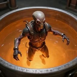 movie still frame, photorealistic, guild navigator mutant floating inside orange fluid vat, intricate details, beautiful composition, 8 k, cgi, by ridley scott, james cameron, zack snyder and michael bay