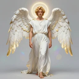 fullbody portrait of a beautiful young fit male angel with curly blond hairs, detailed face, bare feet, dressed with long fluent clothes, majestic symmetrical eagle wings, luminous halo, by greg rutkowski and alphonse mucha, gradient white to gold, in front of an iridescent background, highly detailed portrait, digital painting, artstation, concept art, smooth, sharp focus illustration