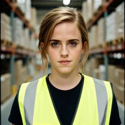 photo, close up, emma watson in a hi vis vest, in amazon warehouse, portrait, kodak gold 2 0 0,