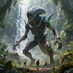 realistic attack of giant alien bugs with few element of alien cyberpunk armor in a fantasy alien jungle forest, huge waterfall in the background, tiny humans running, giant mushrooms!!!, by moebius!!!!!, alphonse mucha, ayami kojima, amano, greg hildebrandt, and mark brooks, art nouveau!!!!! cyberpunk, neo - gothic, character concept design, clorful comics style!!!!!