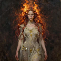 oil portrait | full medium shot | front close - up | dressed in long rags, fire in your hair, ethereal, biblically accurate goddess, demoniac, fractal, tiny ornaments of white gold in your clothes, octane render, devianart, fine art, intrincate. by peter mohrbacher, marc simonetti and anna podedwor