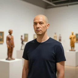 a color photograph of inside an art gallery filled with wax. a man whose head is reduced to the size of a duck. the man is probably a spy