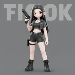 full body character poster art of female gang leader in modern streetwear holding a gun, long straight hair, grayscale, cute face, pretty face, anime by kuvshinov ilya, artgerm and greg rutkowski, 4 k, graphic design, adobe illustrator, behance, trending on pixiv