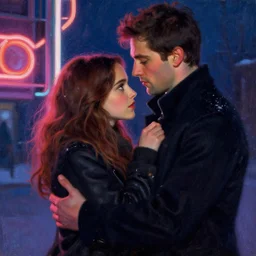 winter romanticism, colin farrell with jessica alba girl, neon light, painting by gaston bussiere, craig mullins, j. c. leyendecker