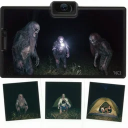 paranormal trailcam footage of nightmare creatures with flash, polaroid photos, strange creatures, people in a tent, no sun