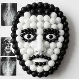 realistic object photo portrait of face made of black and white ping pong balls, readymade, dadaism, fluxus, man ray, x - ray, electronic microscope 1 9 9 0, life magazine photo