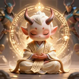 a tiny adorable demonic samurai meditating, wrapped in sacred parchment with glowing text, smooth, intricate, elegant, digital painting, artstation, power runes, pulsing energy, concept art, sharp focus, octane render, illustration, art by shintaro kago and beeple, overwatch character,