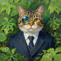 a cat with a monocle and a suit in the style of wlop, portrait, overgrown by plants. this oil painting by the award - winning mangaka has interesting color contrasts, plenty of details and impeccable lighting