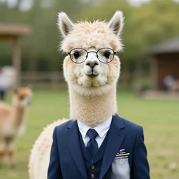 a portrait of a alpaca in a beautiful environment, wearing a suit with glasses