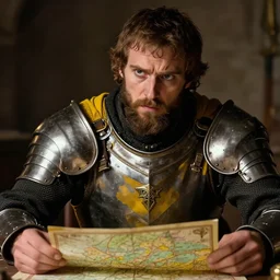 Closeup of frustrated and acerbic male medieval sergeant with (beard) wearing a {black and yellow tabard} over a steel breastplate and a black gambeson no beard looking up from a map on a table, intricate, dramatic lighting illustration by Greg Rutkowski, {perfect face}, {perfect eyes}, fantasy