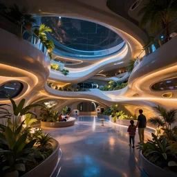 spaceship viewing deck, dramatic warm and cold lighting. flowing shapes, design by airbus, families, plants, architectural photography, 8 k, realistic lighting, reflections, bloom, hyperdetailed environment, pbr materials.