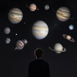 man looking at the detailed pattern of many planets on the dark sky