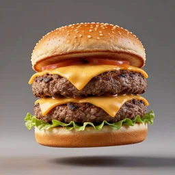 a beautiful color - full flying ( ( ( double cheese burger ) ) ) juicy meat, sweaty salad and tomato, neutral background, tv advertisement video shot style, tv, ad, advertisement, tv spot, tv grain, tv colors