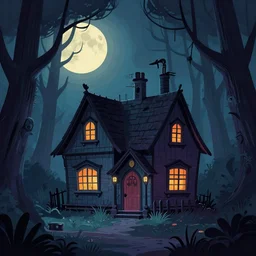 fairytale cottage in haunted woods with moonlight, dark and gothic, full frame, art by brom and kay nielsen, color illustration, vector art