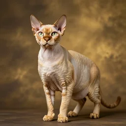 a portrat of a cornish rex cat with gold