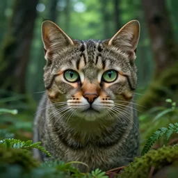 shot of a cat in a green forest, wide aperture, intricate, highly detailed, artstation, sharp focus, artgerm