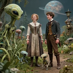 detailed, sharp, a girl and a boy standing next to some alien plants, looking happy, wearing 1850s era clothes, their small pet alien creature is playing nearby, in a park on an alien planet, steampunk, extremely highly detailed, hyperrealistic, highly detailed faces, 70 mm still from a period sci fi movie, HD, 4k,  cinematic
