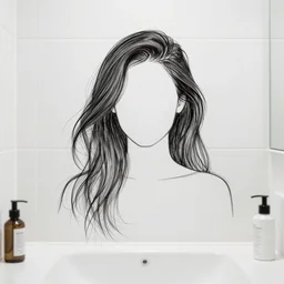 a gesture draw of a woman made of hair. hair used as lines, white bathroom