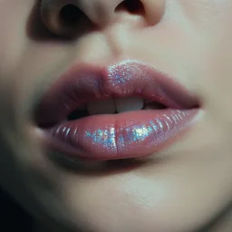 extreme close up of a woman's lips wearing iridescent lipstick, cinematic, fine art photography, filmic