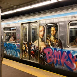 Subway trains covered in classical artwork instead of modern graffiti, photorealistic, beautiful