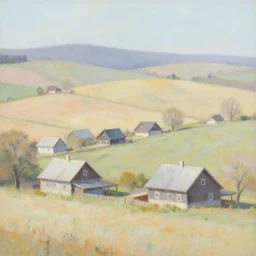 amish houses among hills and fields, pastel style painting