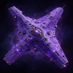 a concept of a detailed and intricate design of a big purple plasma starship like andromeda galaxis