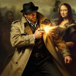 a mobster goon in a bulky trenchcoat getting shot in the chest, 4k wallpaper, beautiful digital painting by Thomas Kinkade and Leonardo Da Vinci