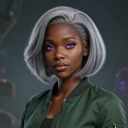 black woman, hairstyle = short bob!!!, hair colour = light grey!!!, eyes = purple, wearing dark green bomber jacket, realistic 4 k octane beautifully detailed render, 4 k post - processing, highly detailed, intricate complexity, epic composition, magical atmosphere, cinematic lighting, masterpiece, ultra hd