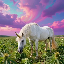 a unicorn eating in a field of marijuana with a psychedelic sky, by kim jung gi, paul heaston, extremely wide angle shot, trending on art station, 4 k, vibrant lighting